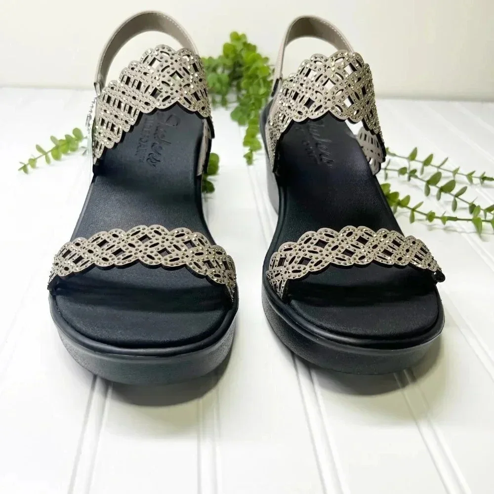 Skechers Black & Gold Sparkle Vegan Strappy Lightweight Wedges Women's Size 10